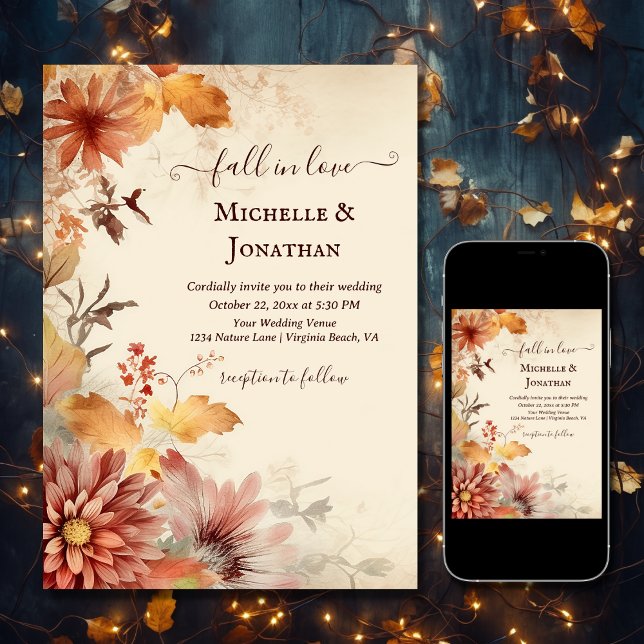 Invitation Automne dans l'amour Belle automne Fleurs Mariage  (Printed and Digital - Fall in Love Beautiful Autumn Flowers Fall Wedding Invitation)