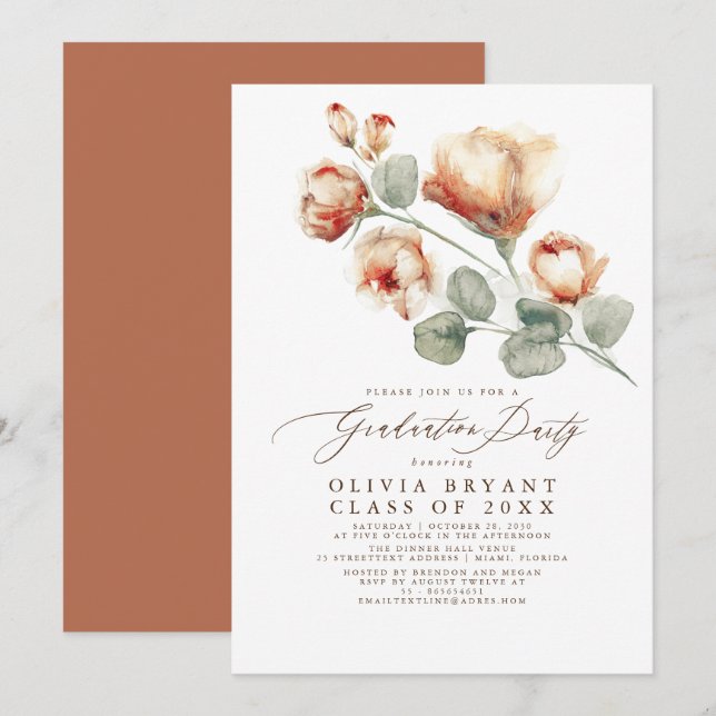 Invitation Automne Elegant Boho Floral Graduation Party (Devant / Derrière)