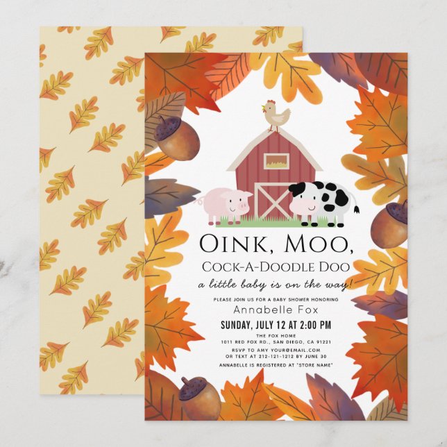 Invitation Automne Feuilles Animaux de ferme Baby shower Barn (Devant / Derrière)