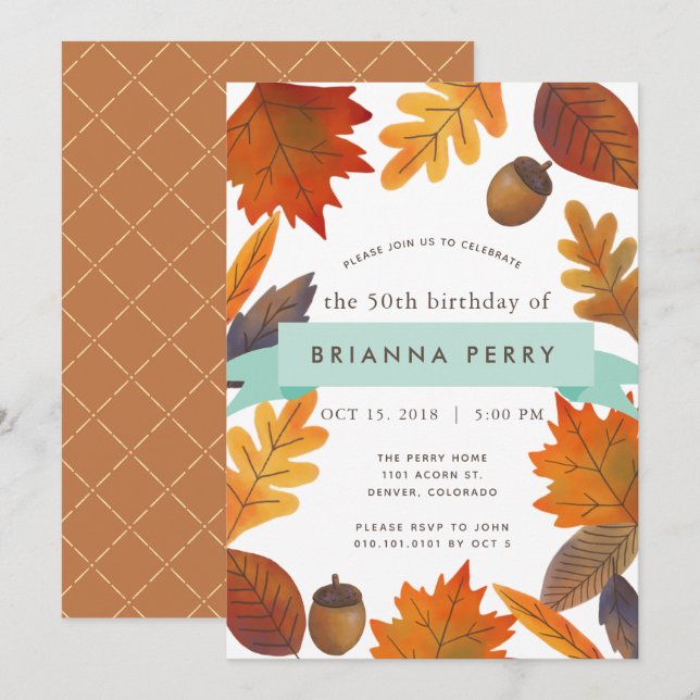 Invitation Automne Feuilles Aquarelle blanche Adulte Adulte A (Devant / Derrière)