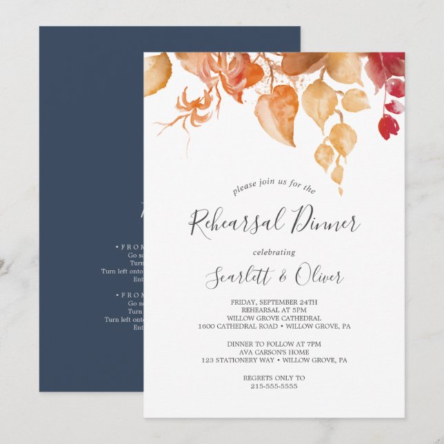 Invitation Automne Feuilles Blanches avec Directions Dîner de (Devant / Derrière)