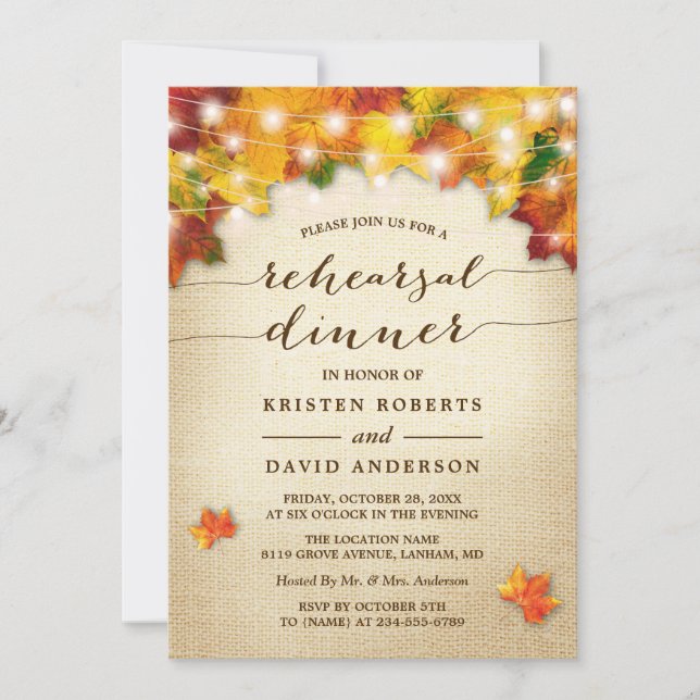 Invitation Automne Feuilles Lumières Burlap Automne Dîner de  (Devant)