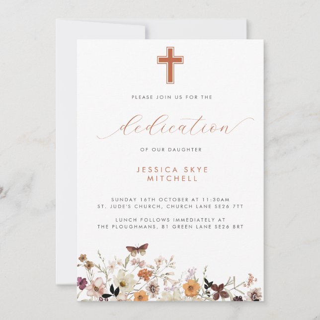 Invitation Automne Fleur sauvage Cross & Script Baby Dedicati (Devant)