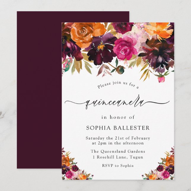 Invitation Automne Fleurs Bourgogne Automne Quinceanera (Devant / Derrière)