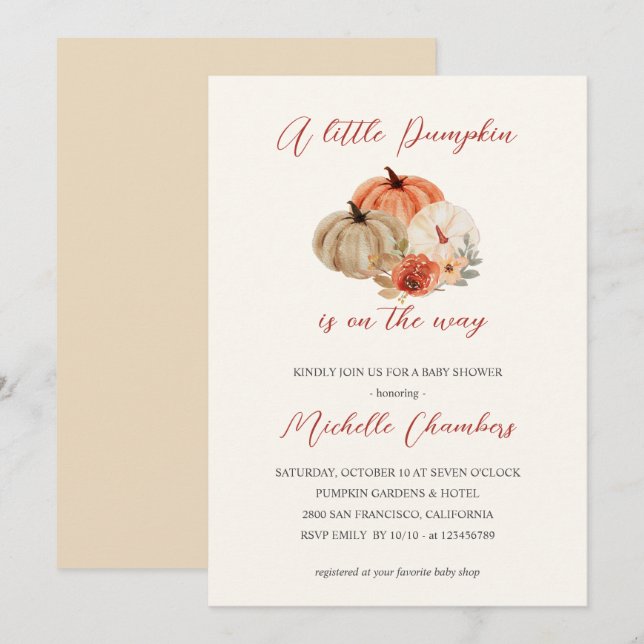 Invitation Automne Fleurs Citrouilles Baby shower élégant (Devant / Derrière)