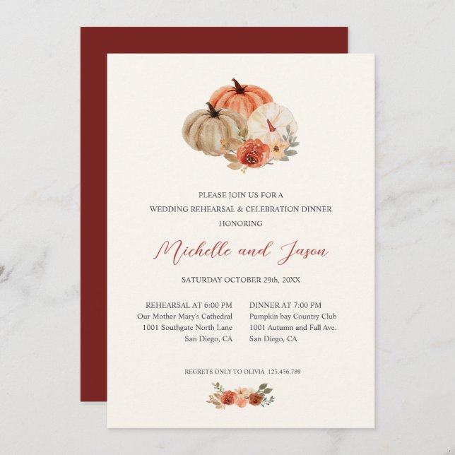 Invitation Automne Fleurs Citrouilles Élégante RÉPÉTITION (Devant / Derrière)