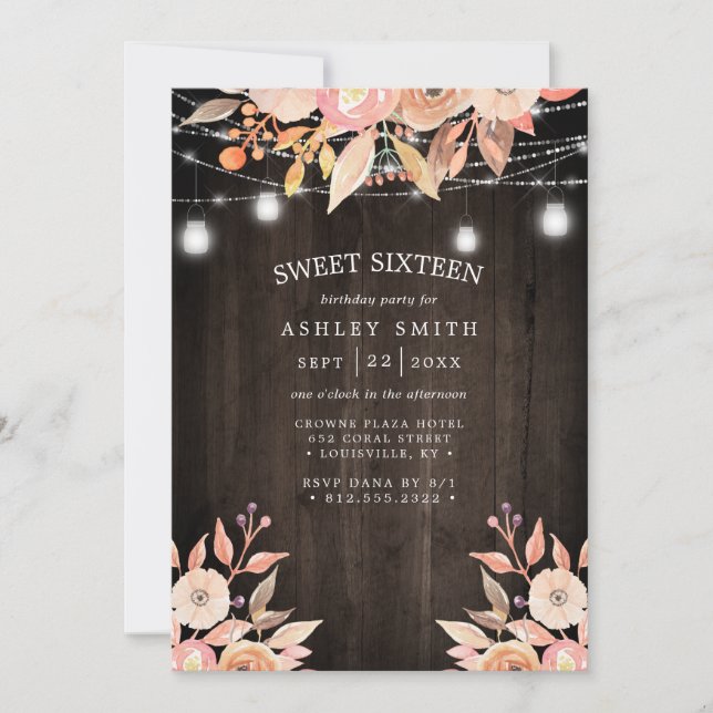 Invitation Automne Floral Aquarelle Chaîne Lumières Sweet 16 (Devant)