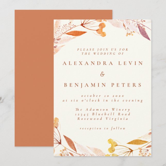 Invitation Automne Floral Aquarelle Wreath Boho Mariage (Devant / Derrière)