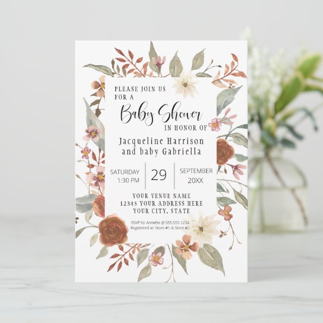 Invitation Automne Floral BOHO Script Girl Baby shower photo  (Debout devant)