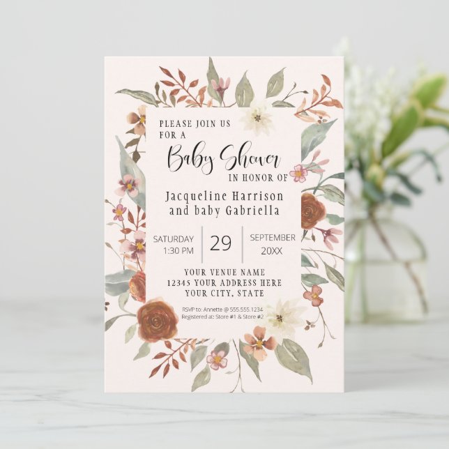 Invitation Automne Floral BOHO Script Girl Baby shower photo (Debout devant)