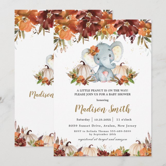 Invitation Automne Floral Citrouille mignon Baby shower éléph (Devant / Derrière)