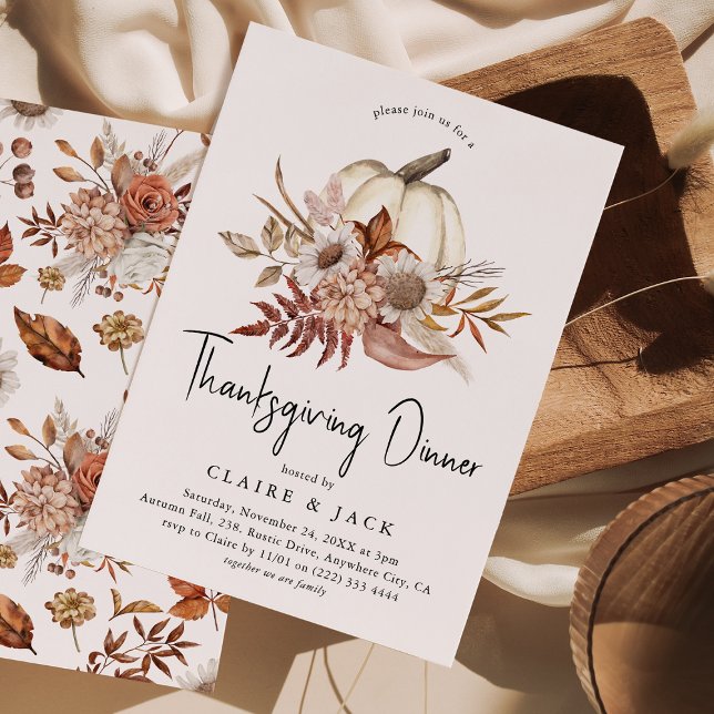 Invitation Automne Floral Citrouille Thanksgiving Dîner (Créateur téléchargé)