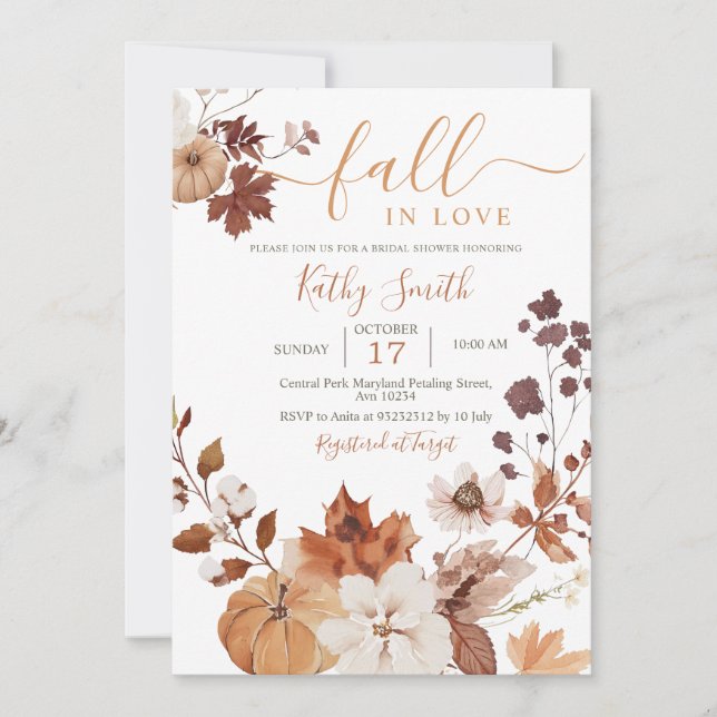 Invitation Automne floral Citrouille Tombez amoureux (Devant)