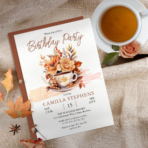 Invitation Automne Floral Cottage Teacup Anniversaire Tea Par