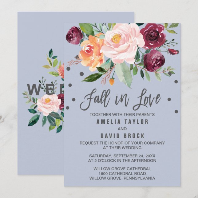 Invitation Automne Floral Dusty Bleu Chute En Amour Mariage (Devant / Derrière)