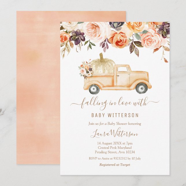 Invitation Automne Floral Pêche Citrouille Baby shower de cam (Devant / Derrière)