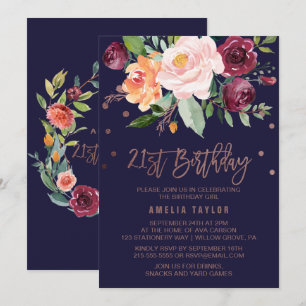 Invitation Automne Floral Rose Gold 21e fête d'anniversaire