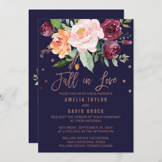Invitation Automne Floral Rose Gold chute en amour Mariage (Devant / Derrière)