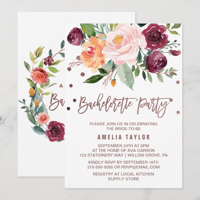 Invitation Automne Floral Rose Gold Light Bachelorette Party (Devant / Derrière)