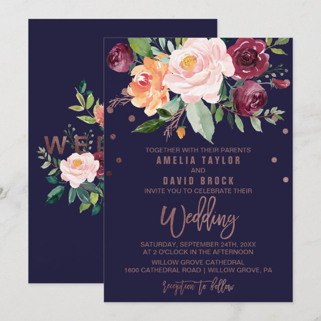 Invitation Automne Floral Rose Gold Typographie Backing Maria (Devant / Derrière)