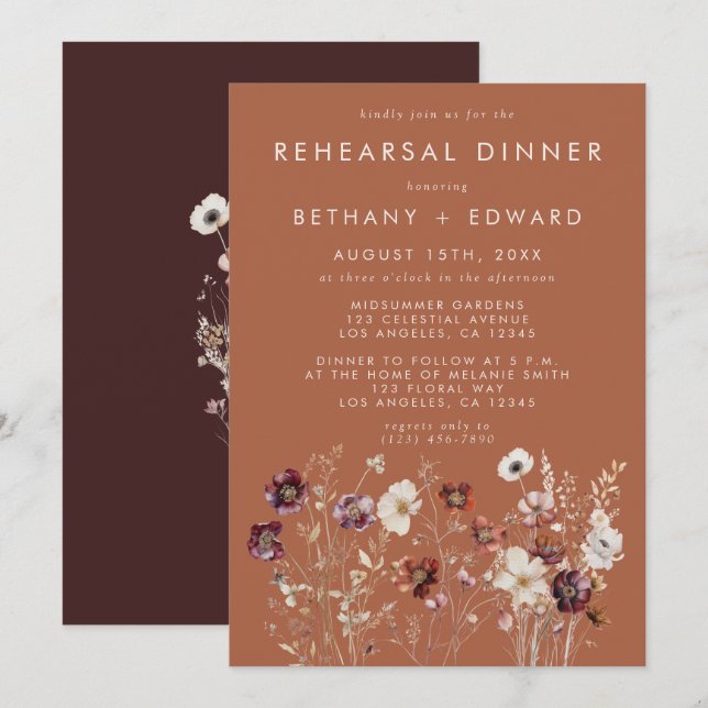 Invitation Automne Floral Terracotta Dîner de répétition (Devant / Derrière)