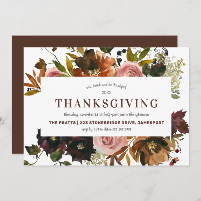 Invitation Automne Floral Thanksgiving Dîner (Devant / Derrière)