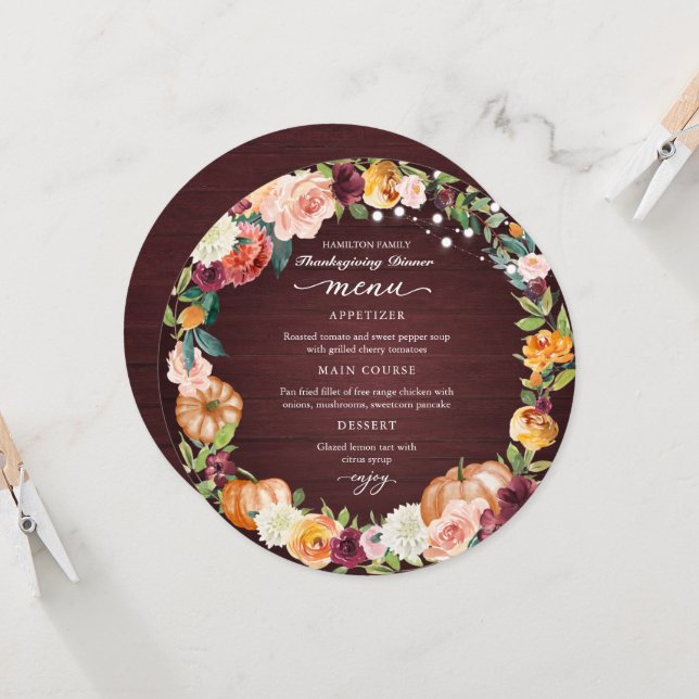 Invitation Automne Floral Thanksgiving Dîner Cirque Menu Cart (Devant/Arrière en situation)