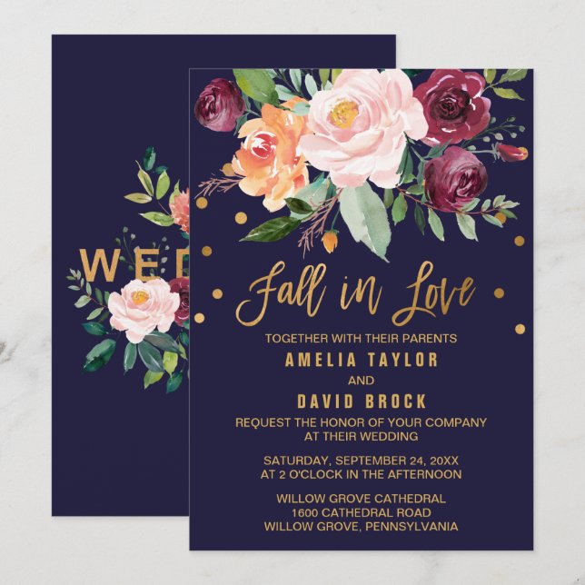 Invitation Automne Floral | Tomber dans l'amour Mariage (Devant / Derrière)