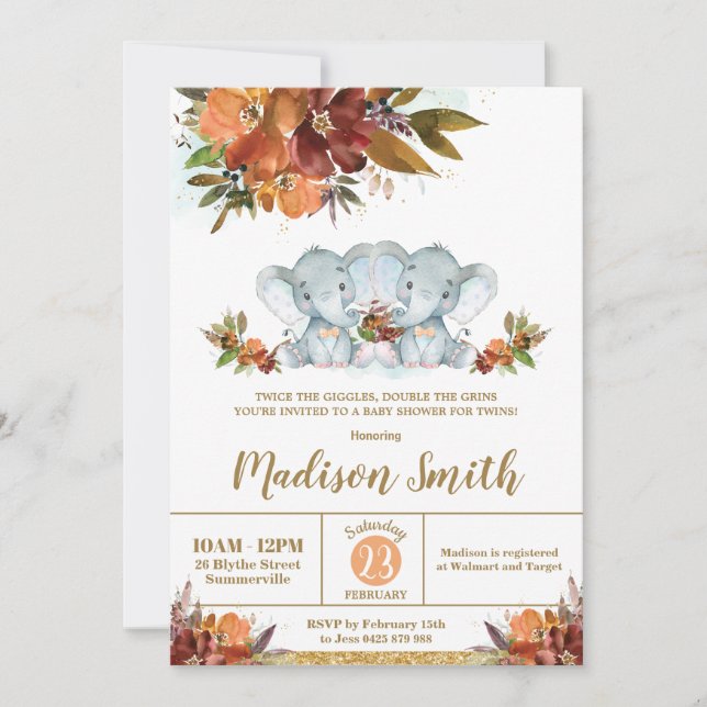 Invitation Automne Floral Twin Boys Elephants Twins Baby show (Devant)