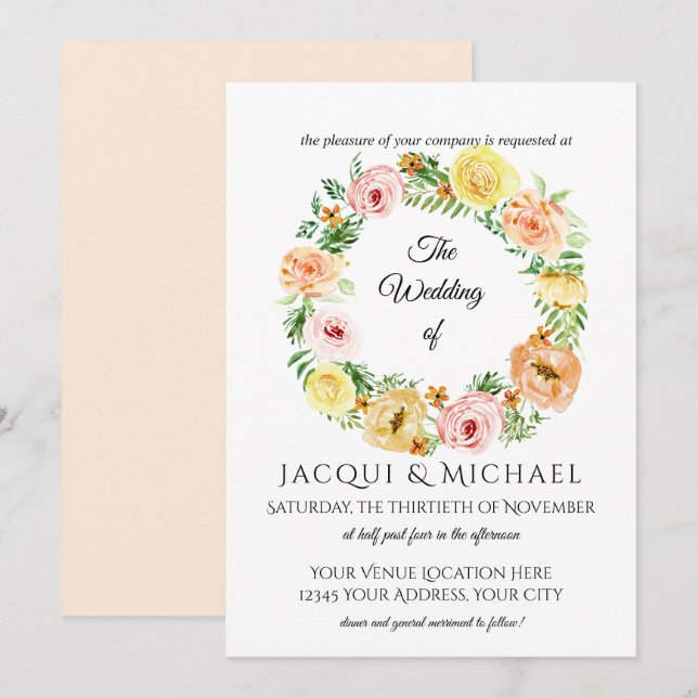 Invitation Automne Floral Wreath Jaune n Peach Rose Wreath (Devant / Derrière)