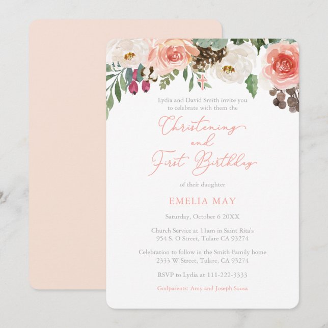 Invitation Automne Florals Fille Christening 1er anniversaire (Devant / Derrière)