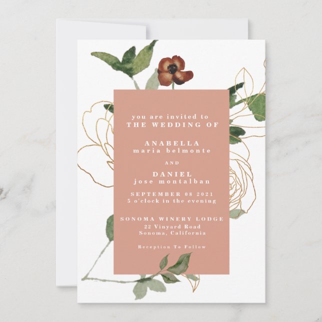 Invitation Automne Florals tendance Bourgogne Blush Gold Mari (Devant)