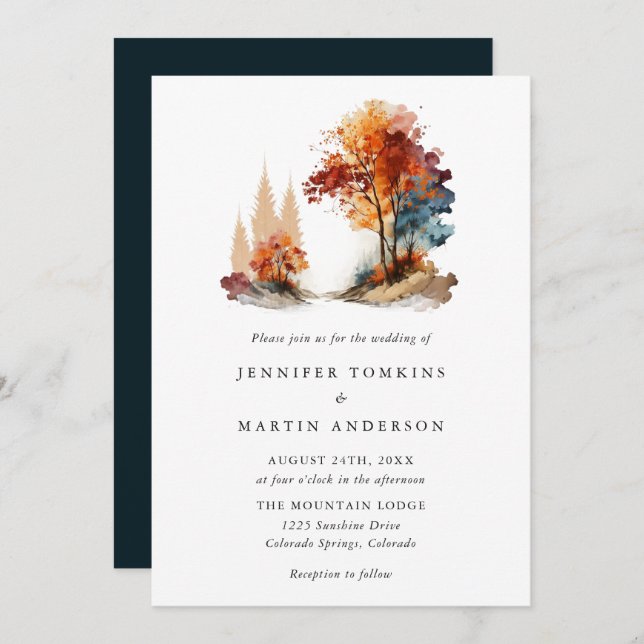 Invitation Automne Forêt d'automne Mariage d'aquarelle (Devant / Derrière)