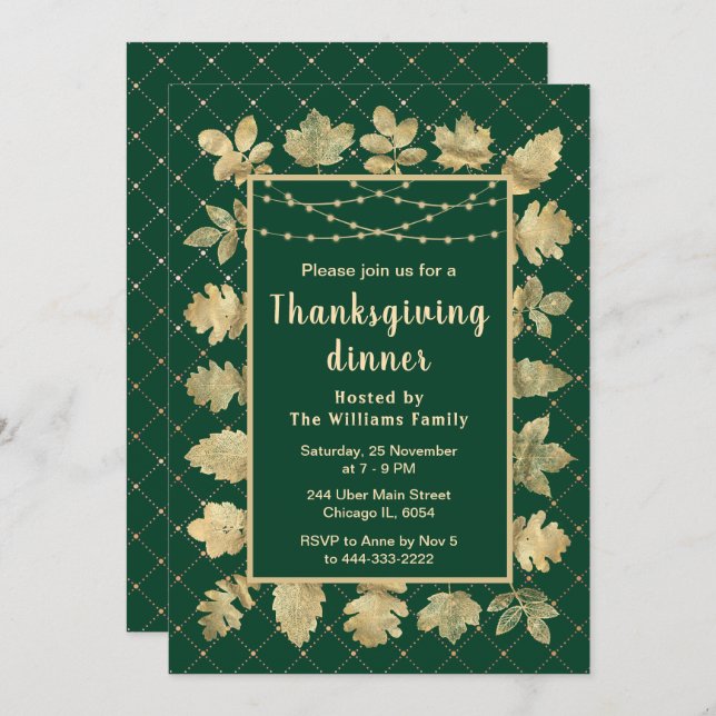 Invitation Automne Gold Feuilles Thanksgiving Dîner Vert (Devant / Derrière)