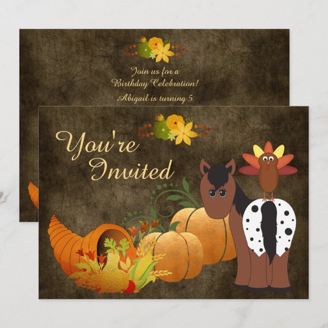 Invitation Automne Harvest, Cute Horse et Turquie Anniversair (Devant / Derrière)