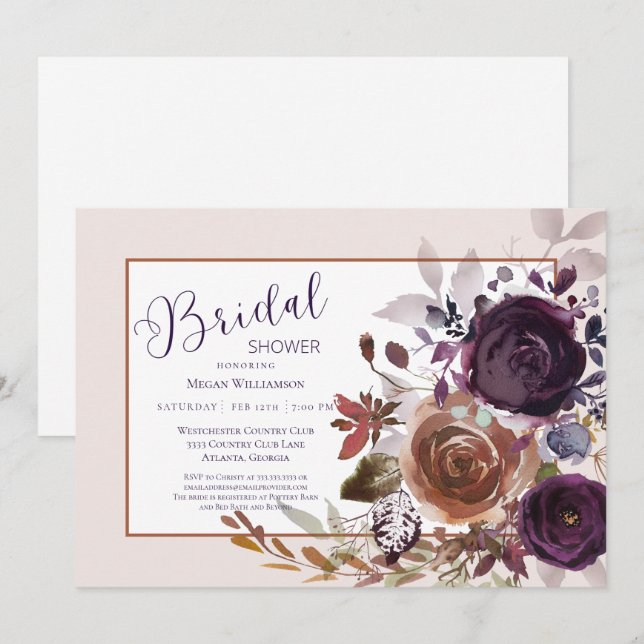 Invitation Automne Hiver Gold et Plum Purple Fête des mariées (Devant / Derrière)