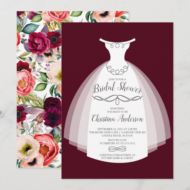 Invitation Automne Hobo Floral Bride Gown Fête des mariées (Devant / Derrière)