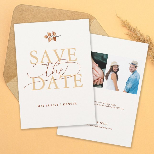 Invitation Automne laisse Mariage de automne Orange Enregistr (Autumn Leaves Fall Wedding Save the Date Two Photos Elegant Modern Calligraphy Terracotta)