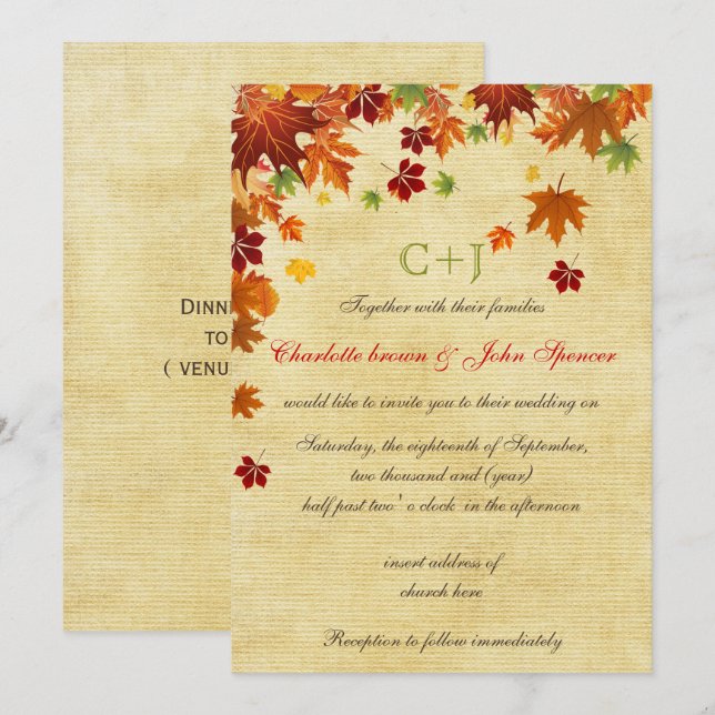 Invitation Automne laisse un Mariage rustique (Devant / Derrière)