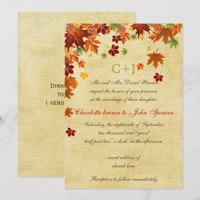 Invitation Automne laisse un Mariage rustique (Devant / Derrière)