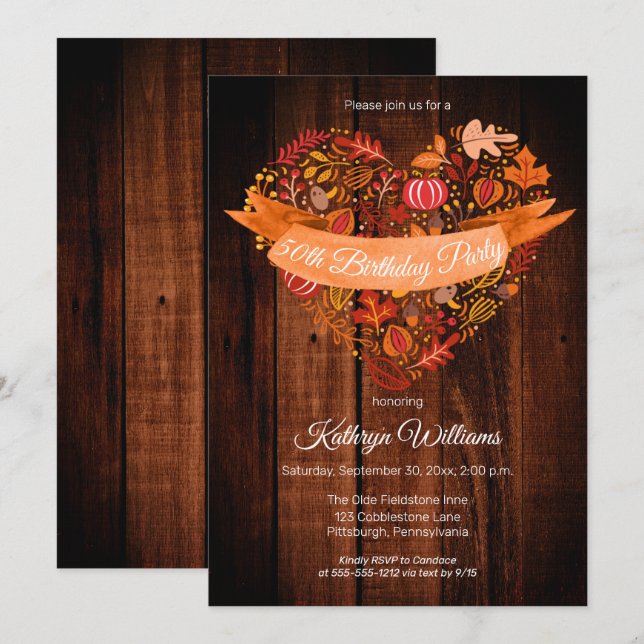 Invitation Automne | L'automne quitte Citrouille Bois fête d' (Devant / Derrière)