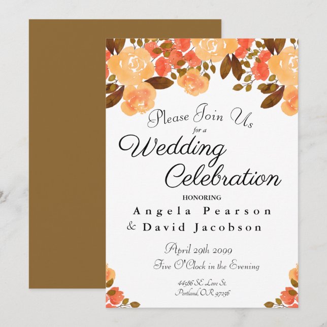 Invitation Automne Mariage Aquarelle Fleurs Couleurs Automne (Devant / Derrière)
