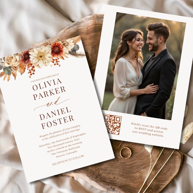 Invitation Automne Mariage QR Code photo Automne Floral (Créateur téléchargé)