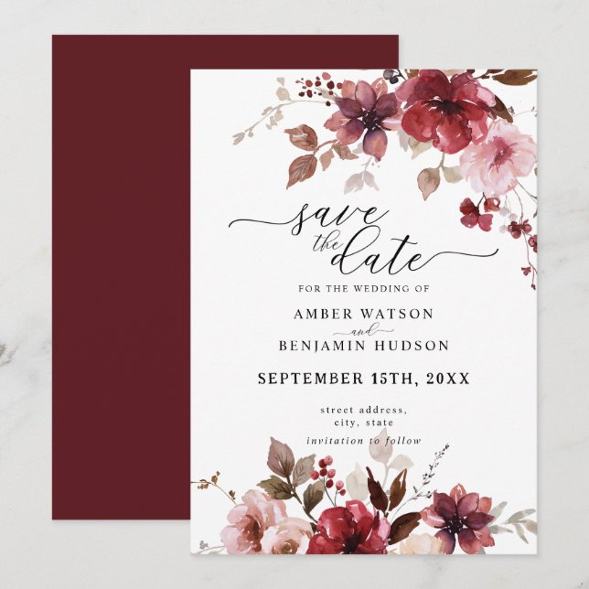 Invitation Automne Maroon Pink Berries Mariage Enregistrer La (Devant / Derrière)