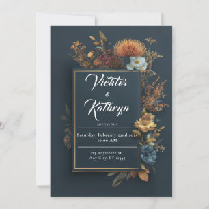 Invitation Automne Maussade Profond Bleu Or Fleurs Mariage