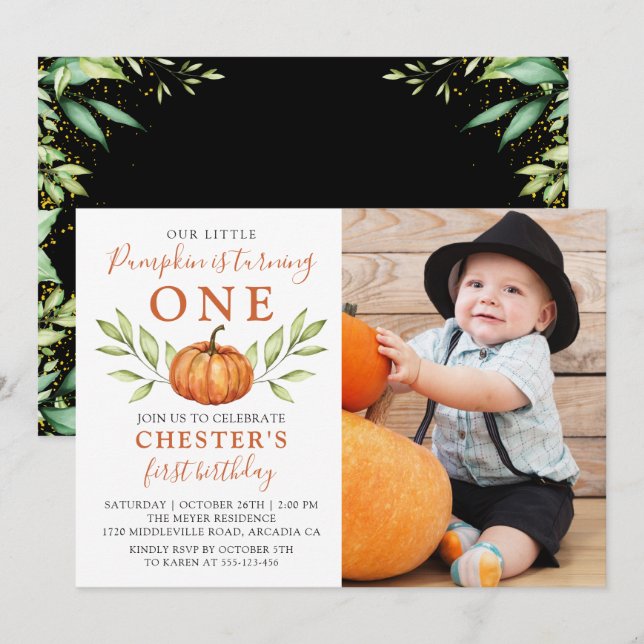 Invitation Automne moderne Petit Citrouille 1er anniversaire  (Devant / Derrière)