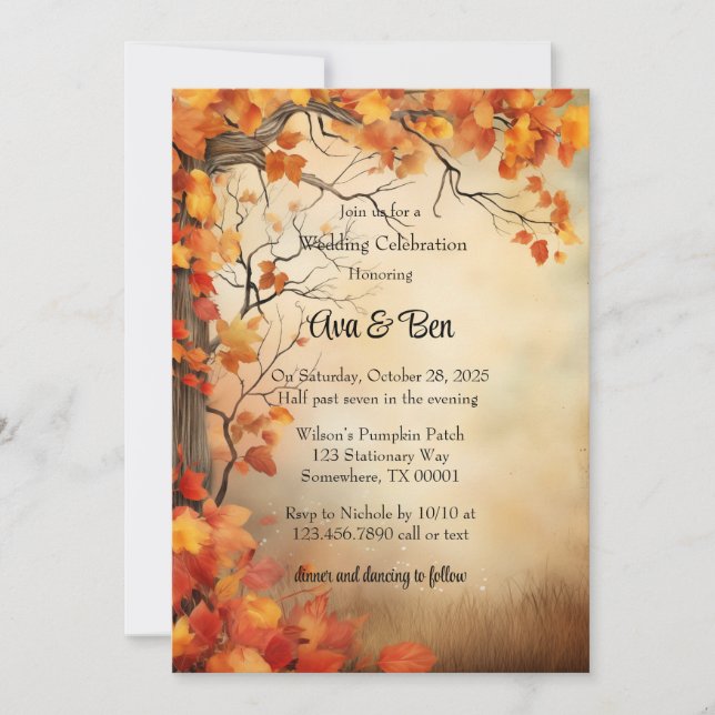 Invitation Automne Orange Arbres Rustique Mariage Célébration (Devant)