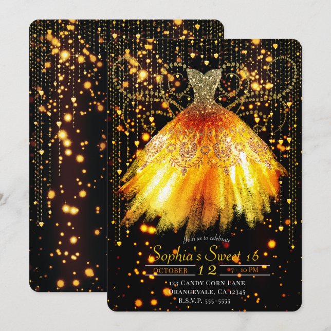 Invitation Automne Orange Black Gold Parties scintillant robe (Devant / Derrière)