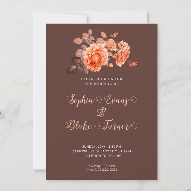 Invitation Automne Orange Bouquet Rose Mariage Brown (Devant)