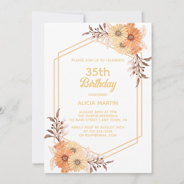 Invitation Automne Orange Fleur Or Blanc Femme Adulte (Devant)